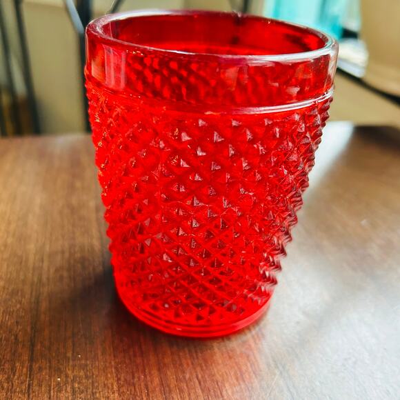 Vintage red hobnail cut glass red tumbler candle holder 4.5” - Picture 5 of 8